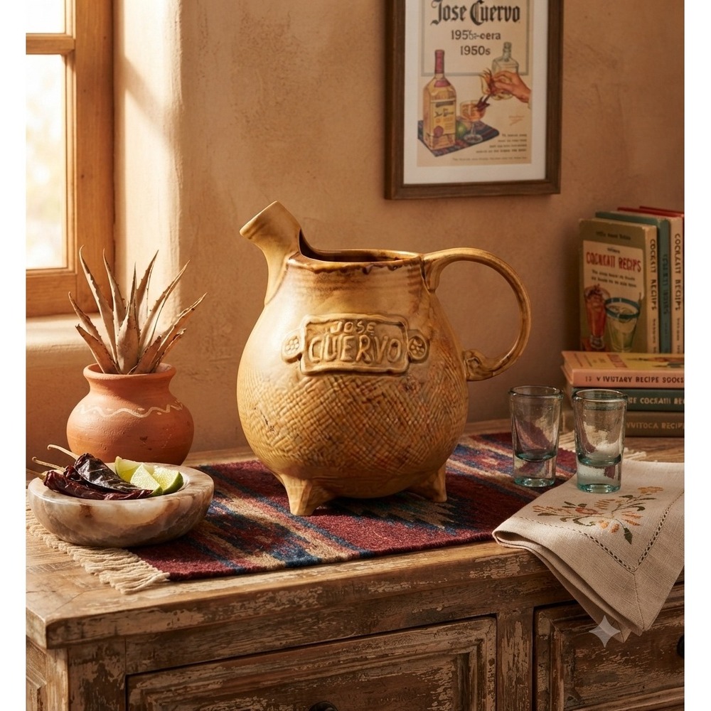 Jose Cuervo Ceramic Pitcher Vintage Style Tan Textured Footed Barware Jug 8in